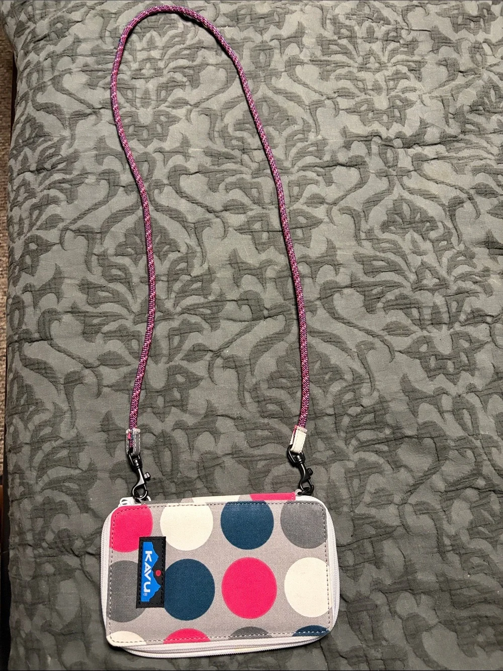 Kavu Polka Dot Neck Pouch in Pink, Blue & Gray